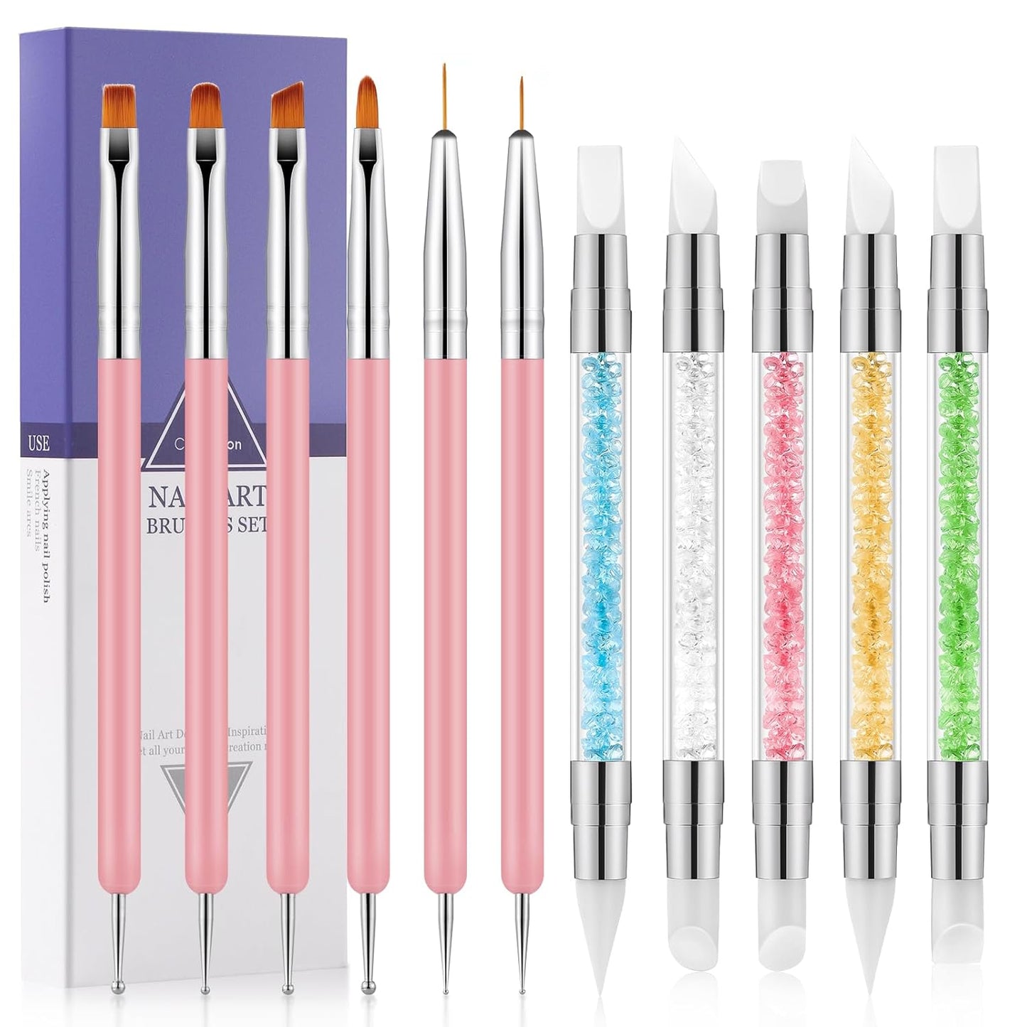 11PCS Nail Art Brushes & Nail Dotting Tools,Double Ended Tipped Silicone Nail Tools,Gel Polish Brush,Liner Brush,Dotting Pen for Home Salon DIY Kit (Pink)