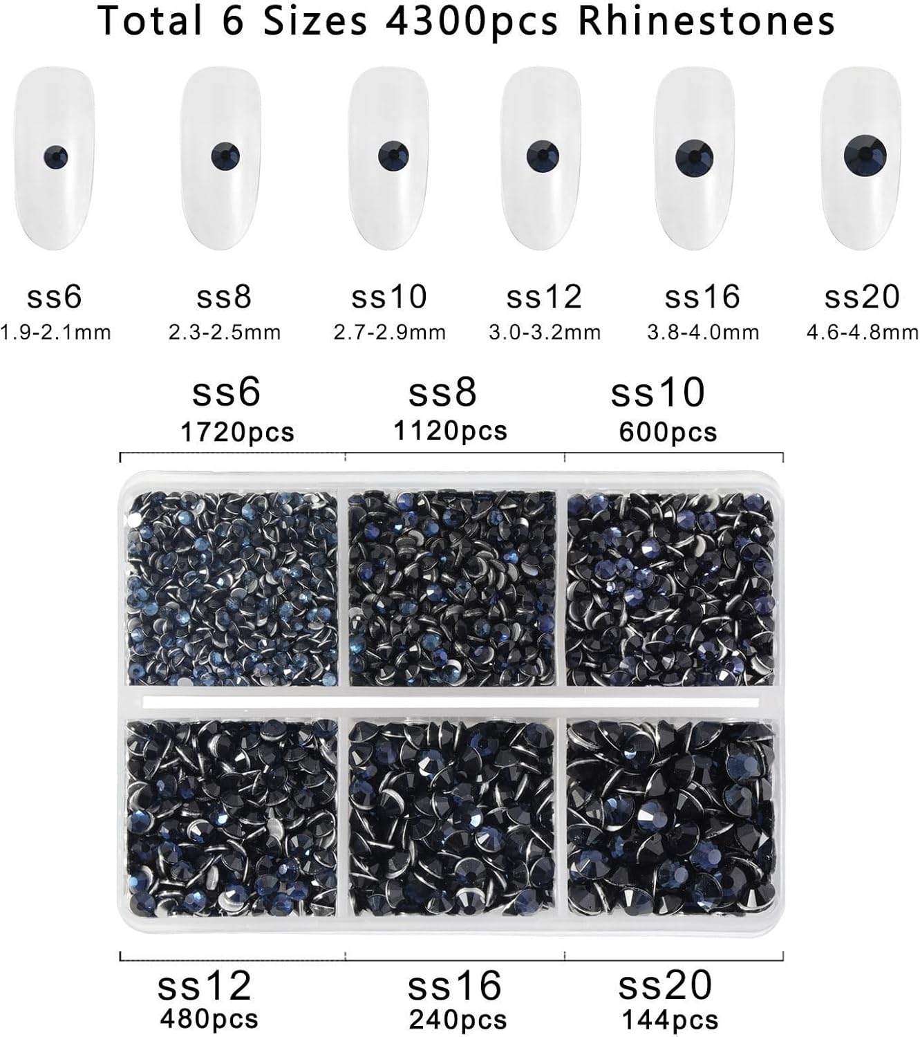 Beadsland 4300pcs Flatback Rhinestones, Dark Blue Rhinestone Nail Gems Round Crystal Rhinestones for Crafts,Mixed 6 Sizes with Picking Tweezers and Wax Pencil Kit, SS6-SS20, Montana