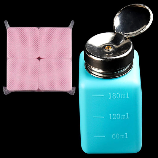 Pump Bottle Dispenser 180ml Nail Polish Remover Pump Metal Push Down Pump Dispenser 200Pcs Lint Free Nail Wipes Alcohol Dispenser Eye Makeup Remover Pump Push Down Empty Bottle -Blue