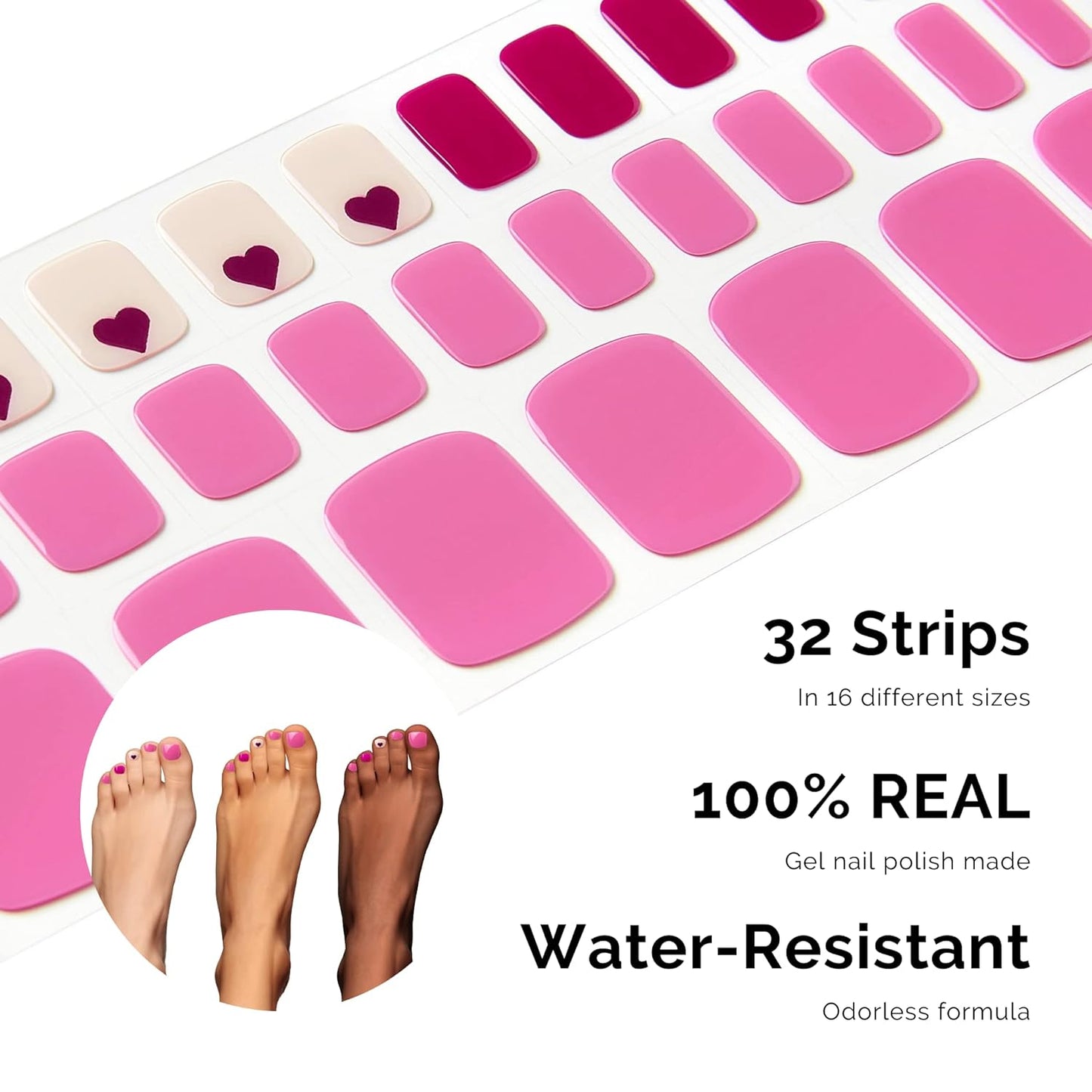 NAILOG Semi Cured Gel Nail Strips, Toe Nail Polish Strips with Glossy Gel Finishing | Buy 3 Get 1 UV Lamp| 32 Pieces Long Lasting Pedi Stickers | Red
