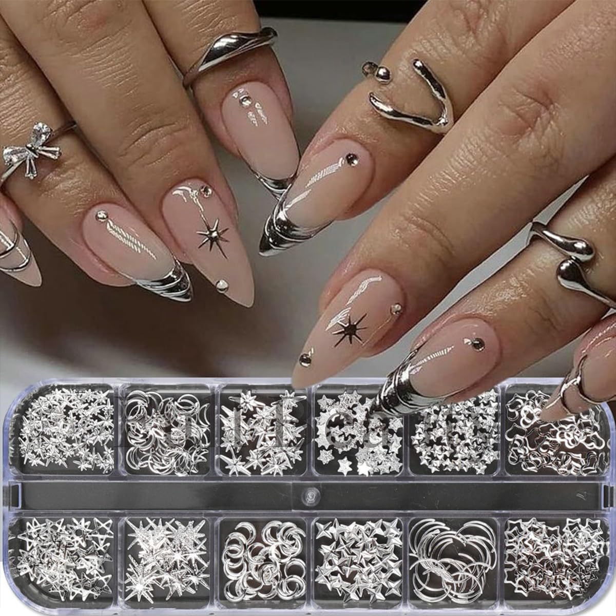 Silver Star Moon Nail Charms Nail Art Kit with 30 Sheets Silver Nail Art Stickers 3D Self-Adhesive SIlver Nail Decals Nail Supplies for Women Acrylic Nail DIY Manicure Kit with tweezer,Pick up Pencil