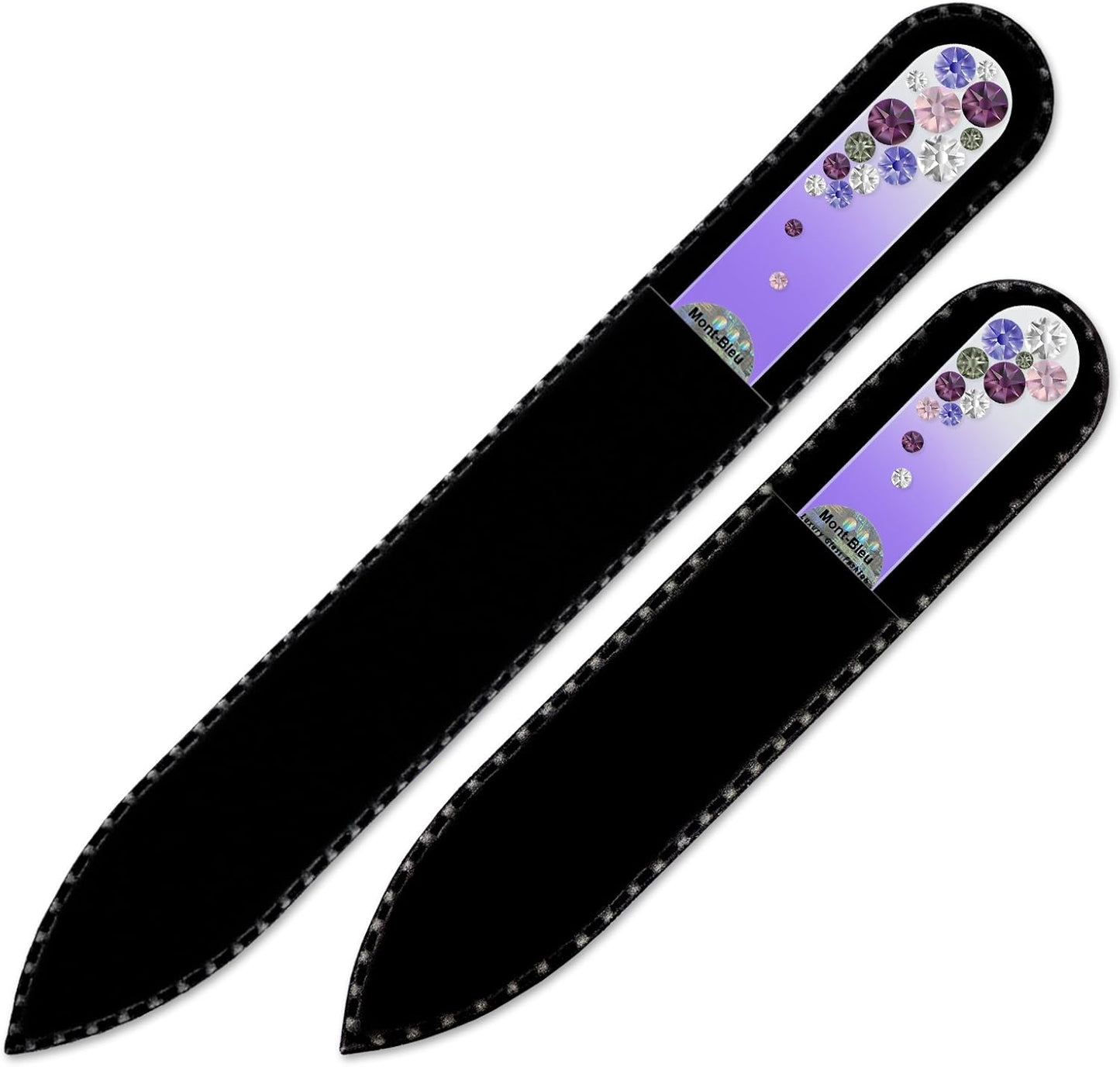 Professional Nail Files - Mont Bleu Set of 2 Glass Nail Files Hand Decorated with Crystals - Handmade Gifts for Women - Czech Tempered Glass - Travel Nail File for Shiny Nails