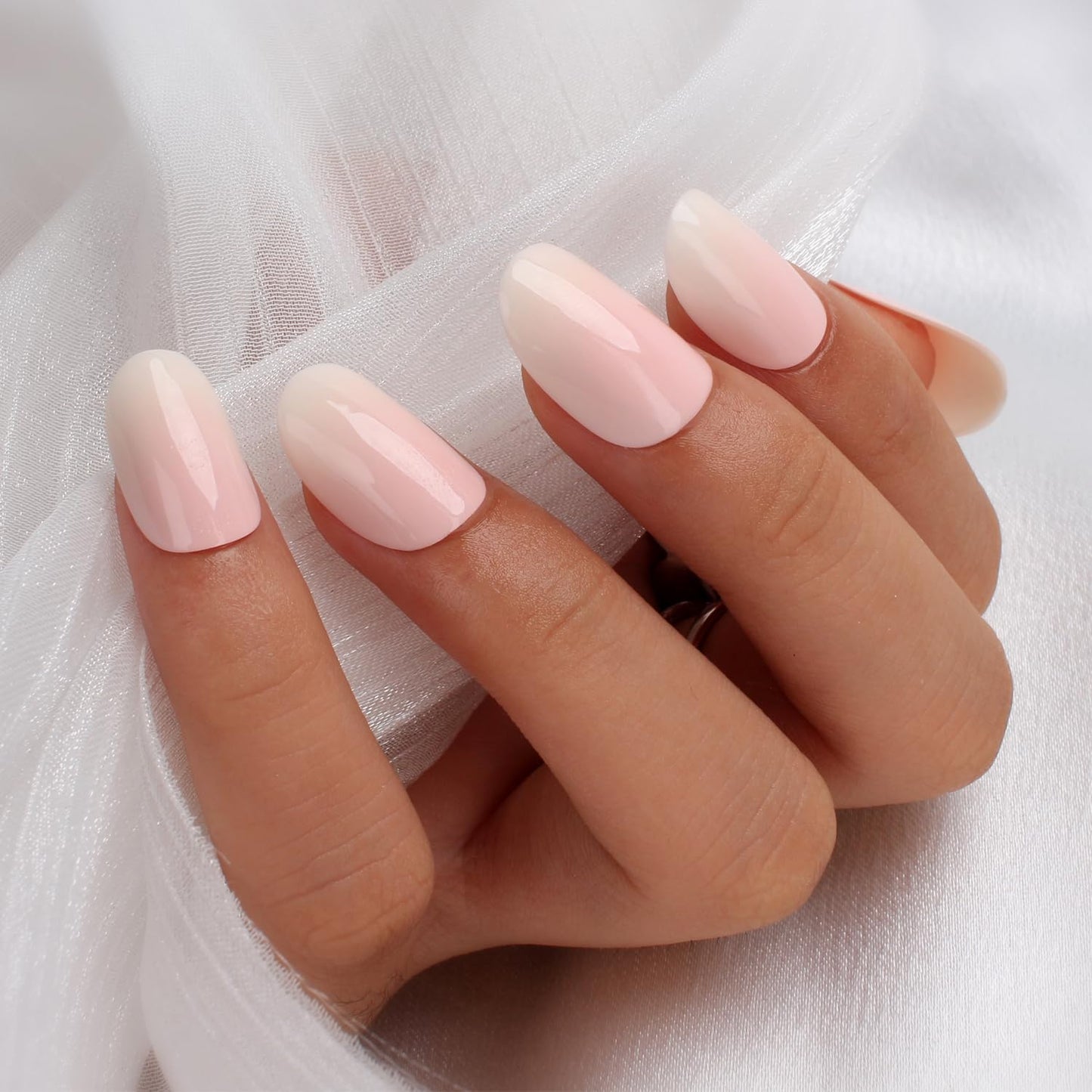Pink Ombre Press-On Nails, Medium Short Square Shape, Glossy Gel Finish, 24pcs Reusable Nude Gradient Fake Nails Kit for Women, Natural Stick-On Acrylic Nails for DIY Manicure