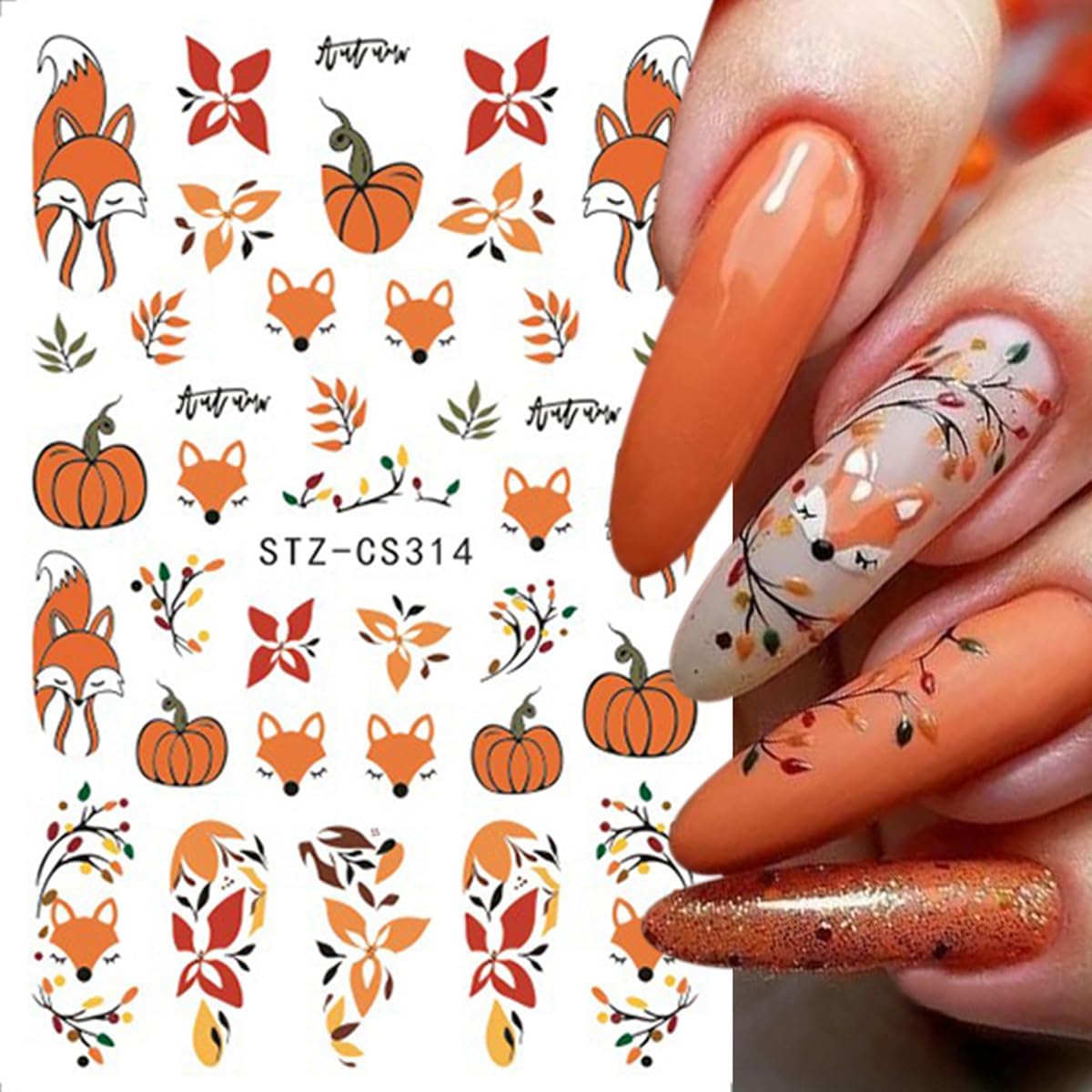 Fall Nail Art Stickers Autumn Maple Leaf Nail Decals 6PCS Maple Leaves Foxes Pumpkin Nails Design 3D Self-Adhesive Thanksgiving Day Nail Art Decorations Supplies Fall Stickers for Nails Manicure Decor