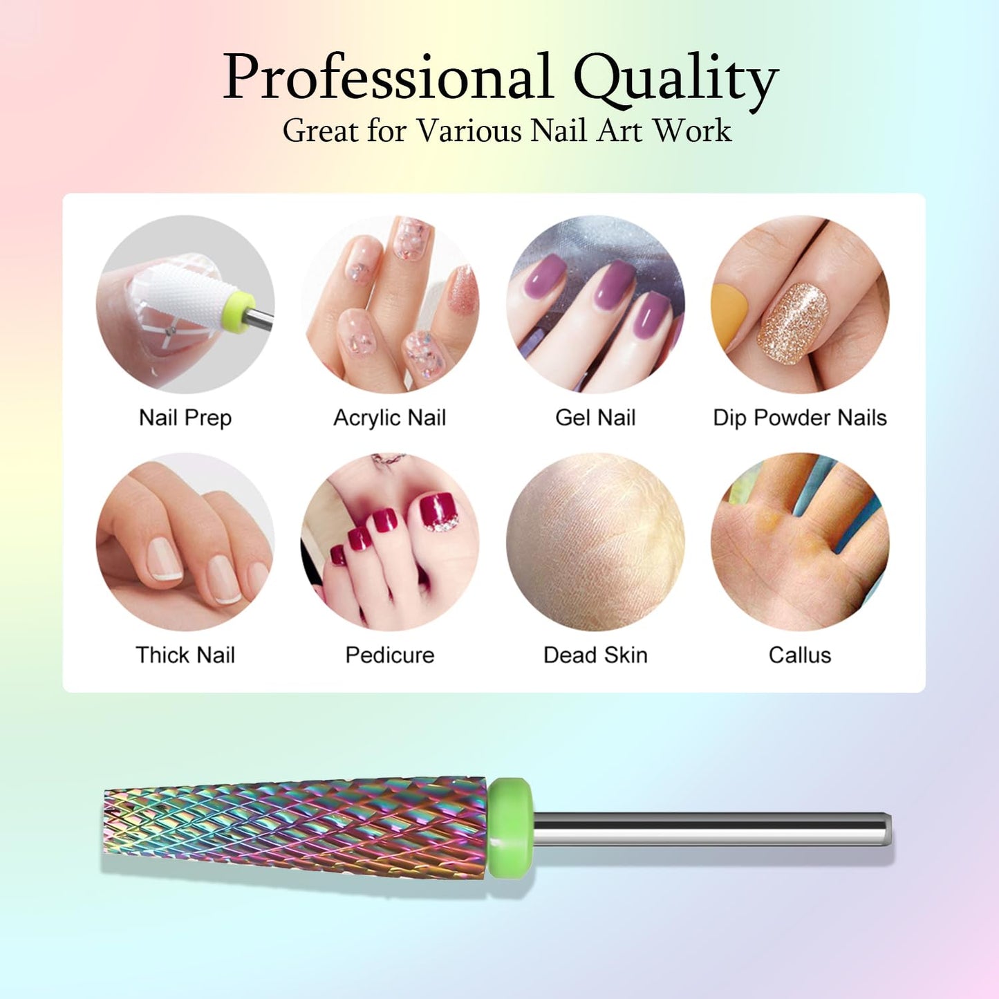 Super Long 5 in 1 Nail Drill Bits,Two Way Rotary Nail Cleaner Carbide Tungsten Nail Bits, Suitable for Manicure Pedicure Cuticle Gel Polishing Acrylic Hard Gels(Rainbow, Coarse-C)