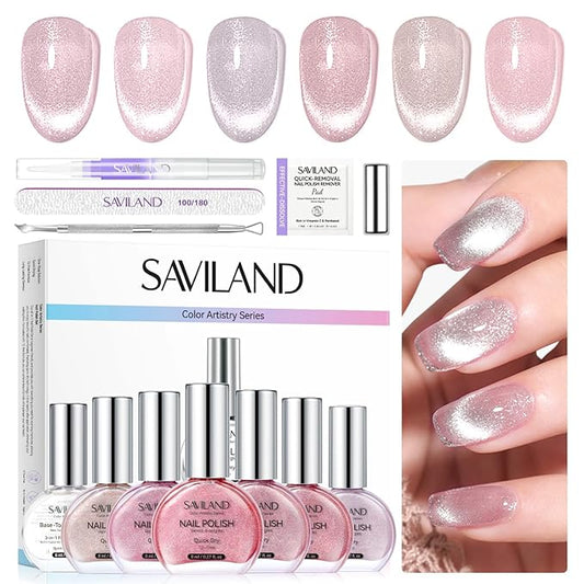 SAVILAND Color Artistry Cat Eye Nail Polish Kit: 6+1 Colors Quick-Dry Magnetic Sparkle Diamond Glitter Nude Pink Nail Polish Set with 3-in-1 Base Top Coat Cuticle Oil 12-Free Fingernail Polish Gift