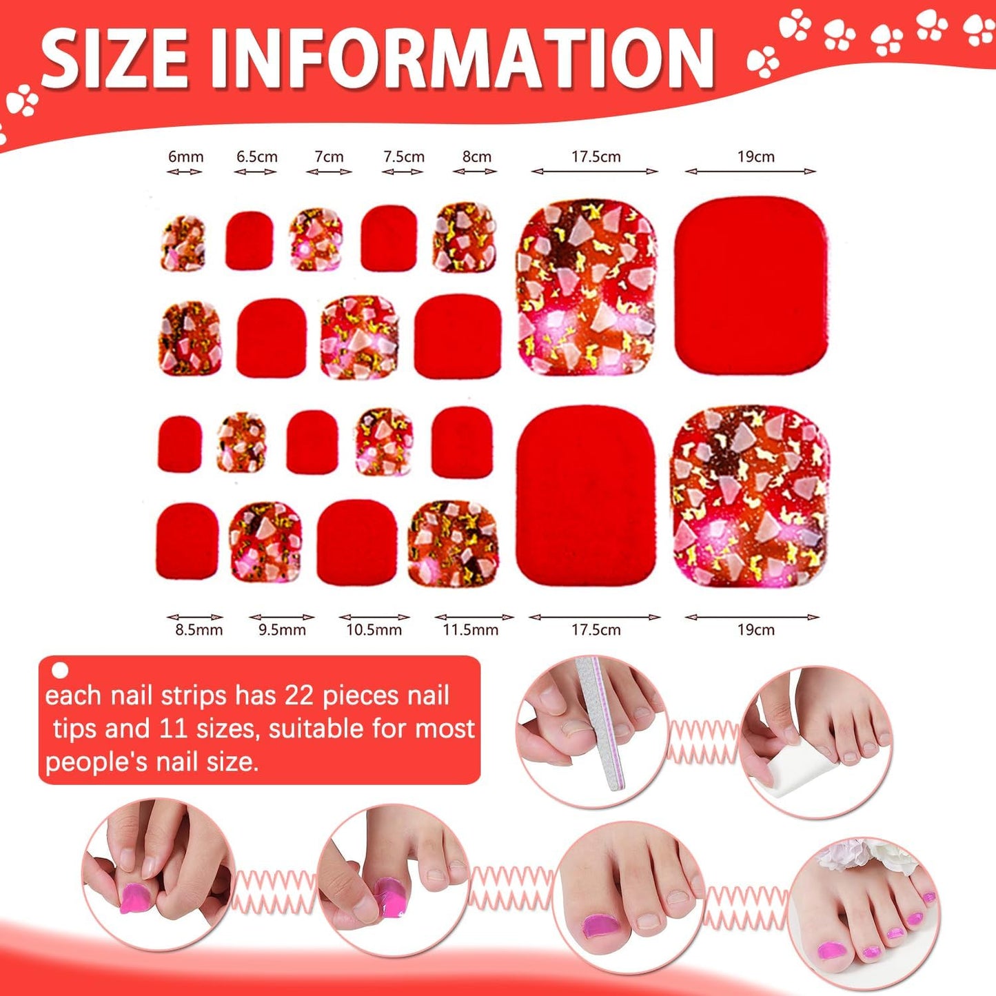 DANNEASY 16 Sheets Toe Nail Stickers Full Nail Wraps for Women Red Glitter Toenail Polish Strips Self Adhesive Toes Nail Polish Stickers Manicure Sticker with File, Cuticle Stick