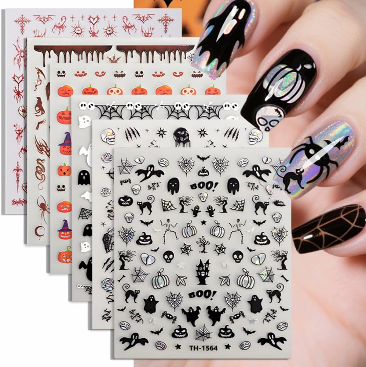 Halloween Nail Art Stickers Decals 3D Sparkly Ghost Pumpkin Self-Adhesive Nail Decals Nail Art Supplies 6PCS Spider Web Spider Black Cat Skull Bat Halloween Nails Design Transfer Sliders for Women