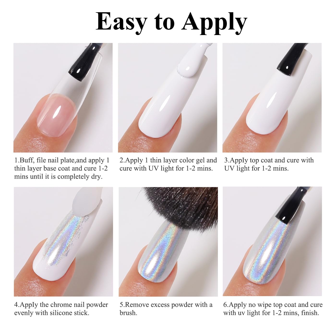 Imtiti Holographic Gold Chrome Nail Powder Kit,1g Holo Iridescent Gold Meatllic Mirror Effect Powder with 10ml White Color Gel Polish Metal Nail UV DIY Kit