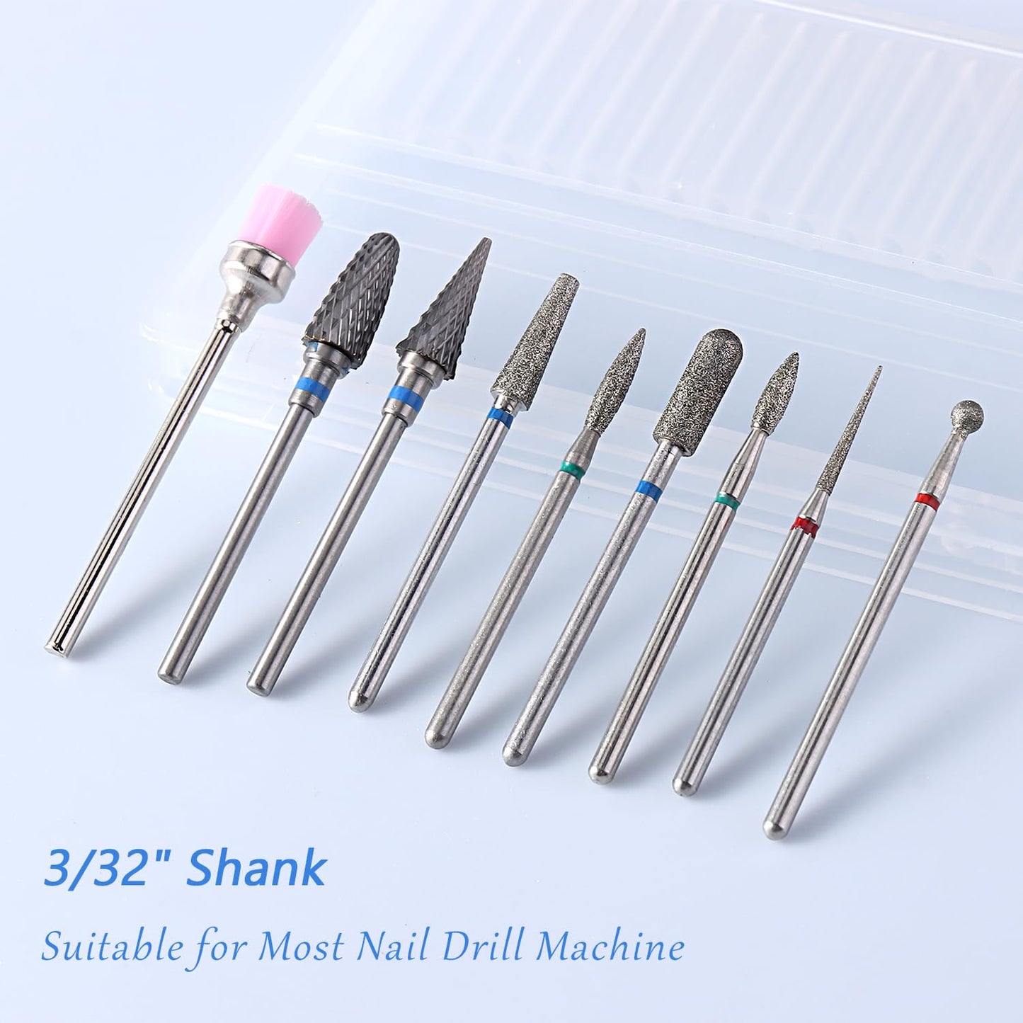 Nail Drill Bits Set, 9PCS Cuticle Cleaner & Carbide Bits for Acrylic Nails, Manicure Pedicure Remover Tools, Professional Nail Salon Supplies, fresas para drill nails - 3/32" Shank