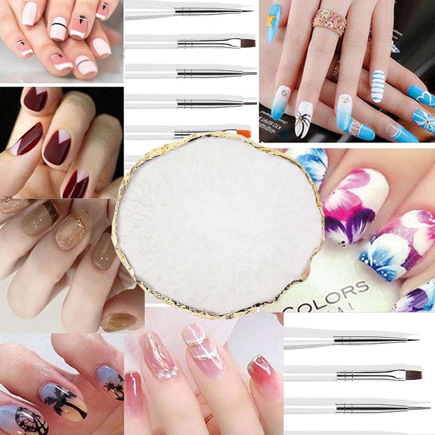 23 Piece Nail Art Tools Set Resin Nail Art Palette Nail Art Brush 2-way Acrylic Silicone Engraving Pen Dotting Pen Tools DIY Home Salon Makeup Display Board Nail Art Kit (White)