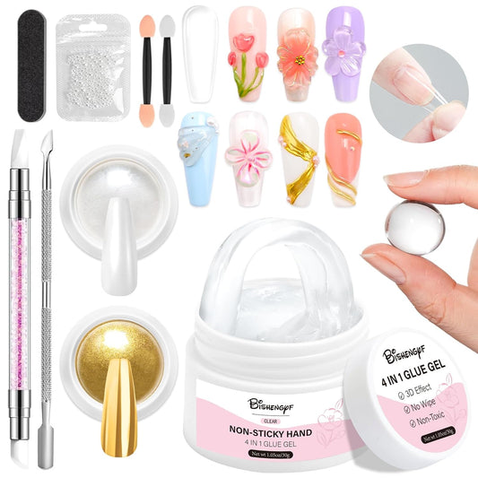 Solid Builder Gel and Chrome Nail Powder Kit BISHENGYF: 4 In 1 No Wipe 3d Sculpting Nail Gel Gold Aurora White Pearl Chrome Nail Powder Clear Non-Sticky Hand Extension Glue for Nail Decoration 30g