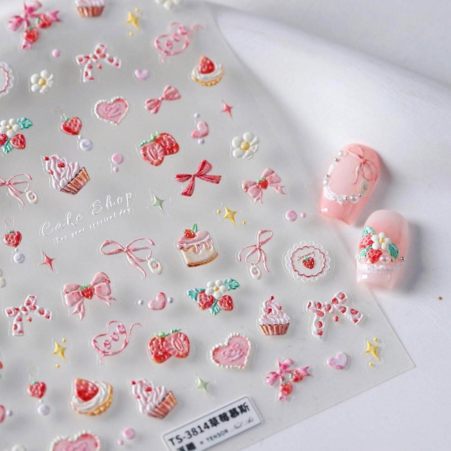 Strawberry Nail Stickers Pink Bow Nail Art Stickers 5D Self-Adhesive Nail Decals Strawberry Cake Nail Design Pink Nail Art Decoration Accessories for Women and Girls