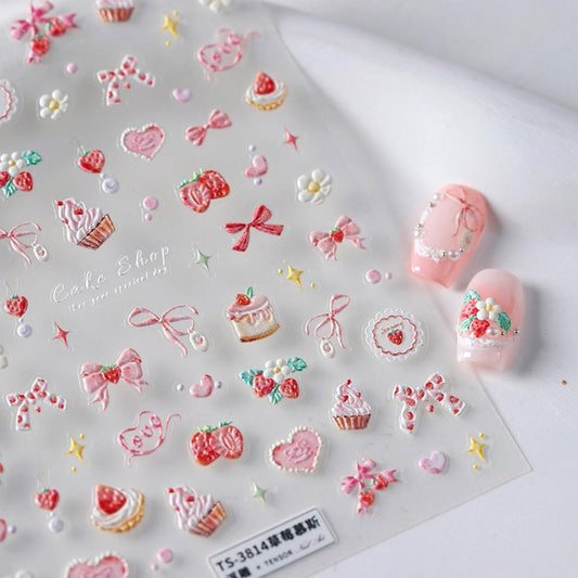 Strawberry Nail Stickers Pink Bow Nail Art Stickers 5D Self-Adhesive Nail Decals Strawberry Cake Nail Design Pink Nail Art Decoration Accessories for Women and Girls