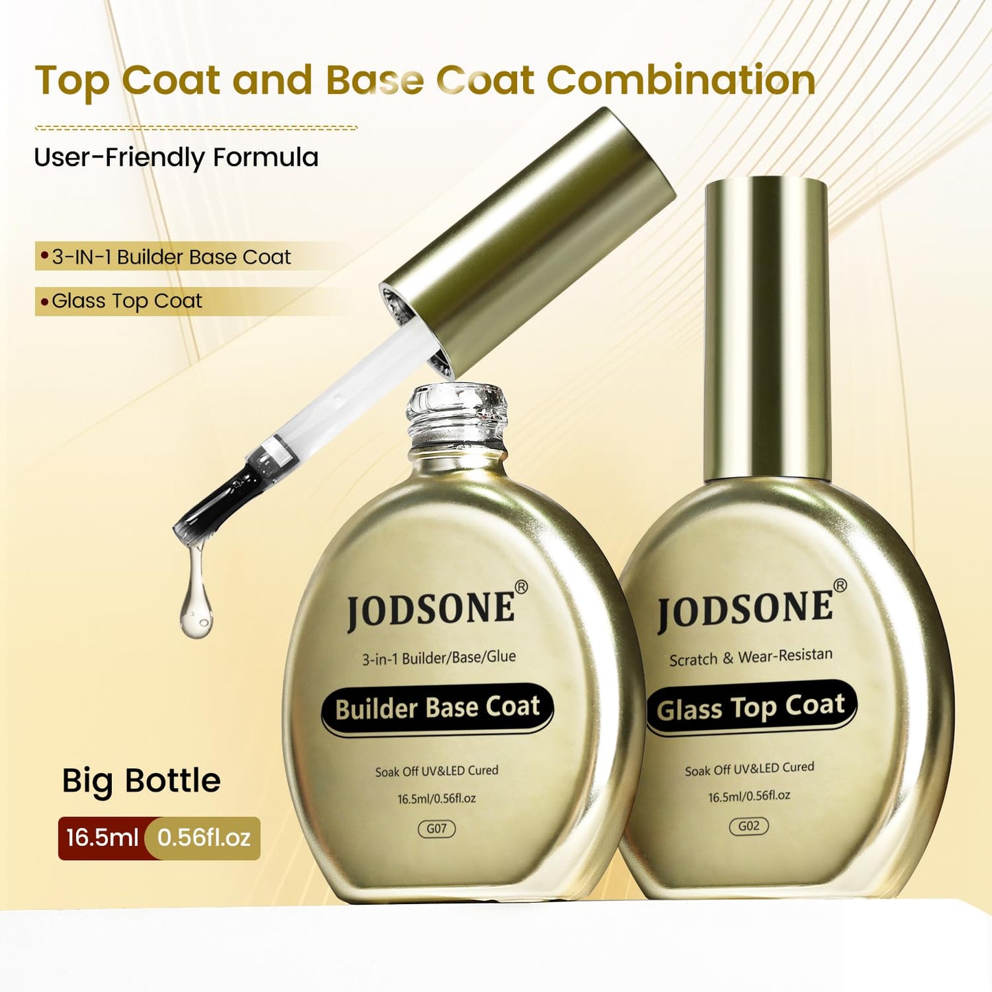 JODSONE Top Coat & Base Coat Gel Polish,2Pcs 16.5ml No Wipe Base Coat and Top Coat Set for Long Lasting Need U V Lamp Cured at Home DIY Nail Salon Girl Gift