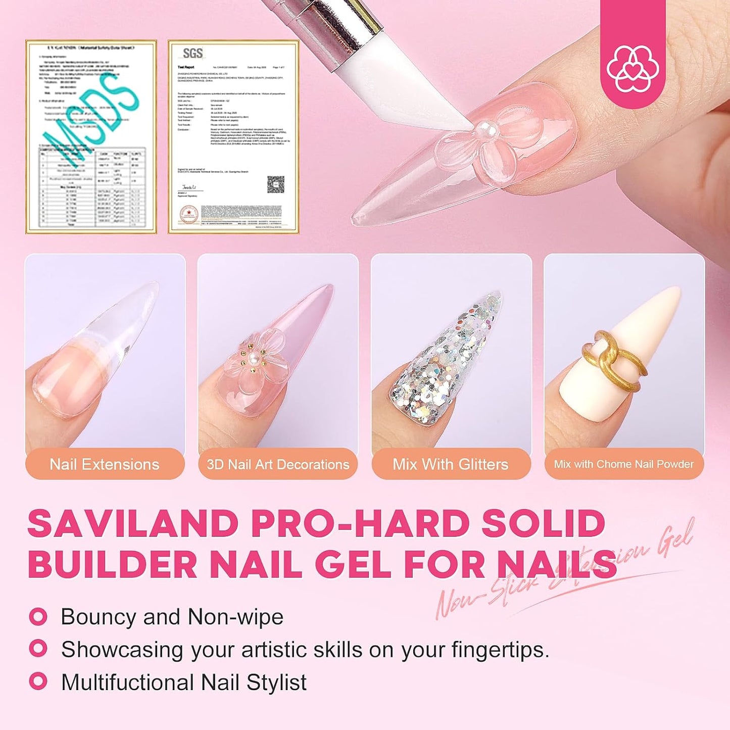 SAVILAND PRO-Hard Solid Builder Nail Gel for Nails: 2024 Ultra-Strength | Non-Sticky | Clear 3D Nail Gel with U V Lamp for 3D Nail Carving Emboss & Fast Extension Professional Use Salon