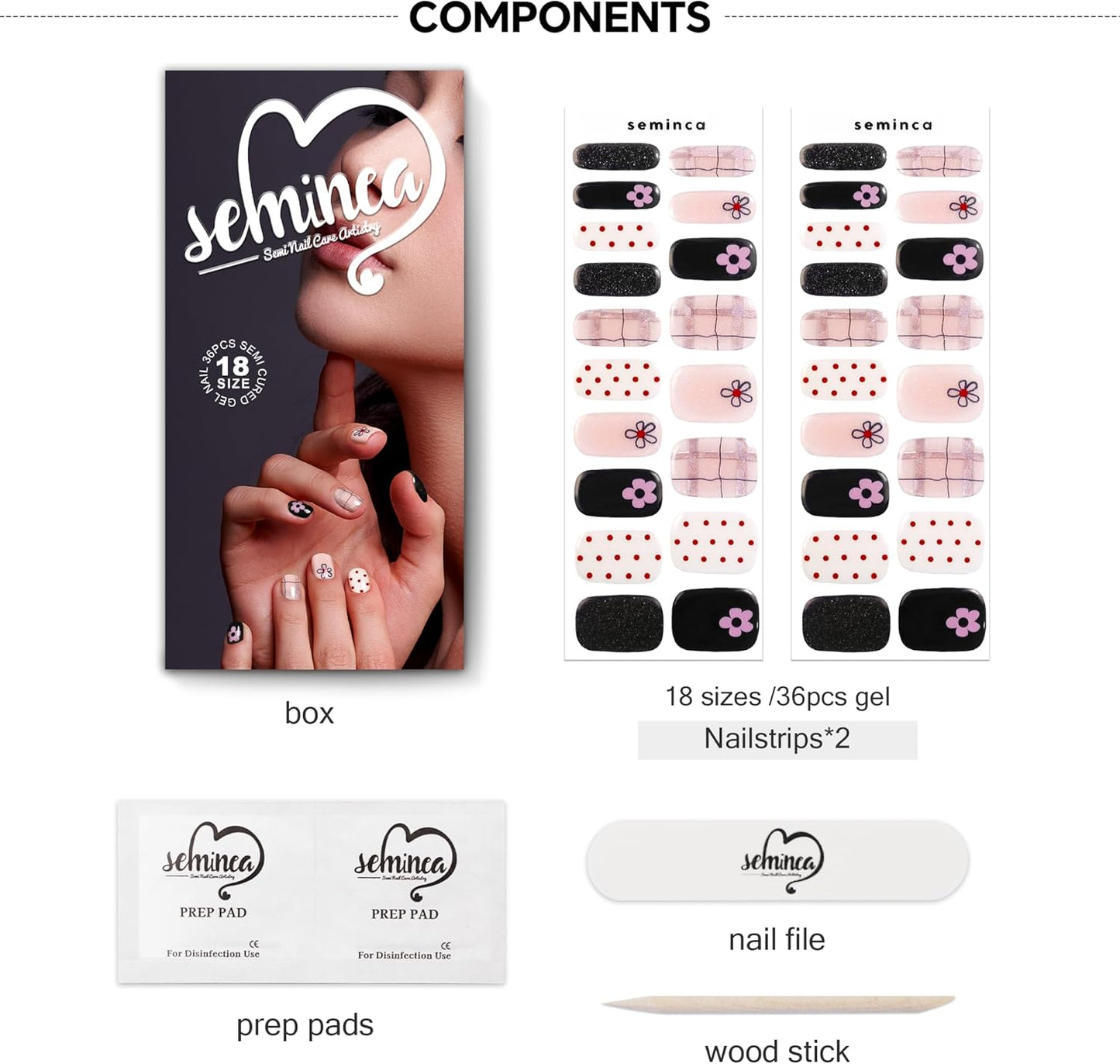 Semi Cured Gel Nail Strips-Variety Press on Nails Set Floral Print, Polka Dot & Minimalist Design, Short Almond Semi Gel Nails, French Manicure Alternative(Floral Fantasy）