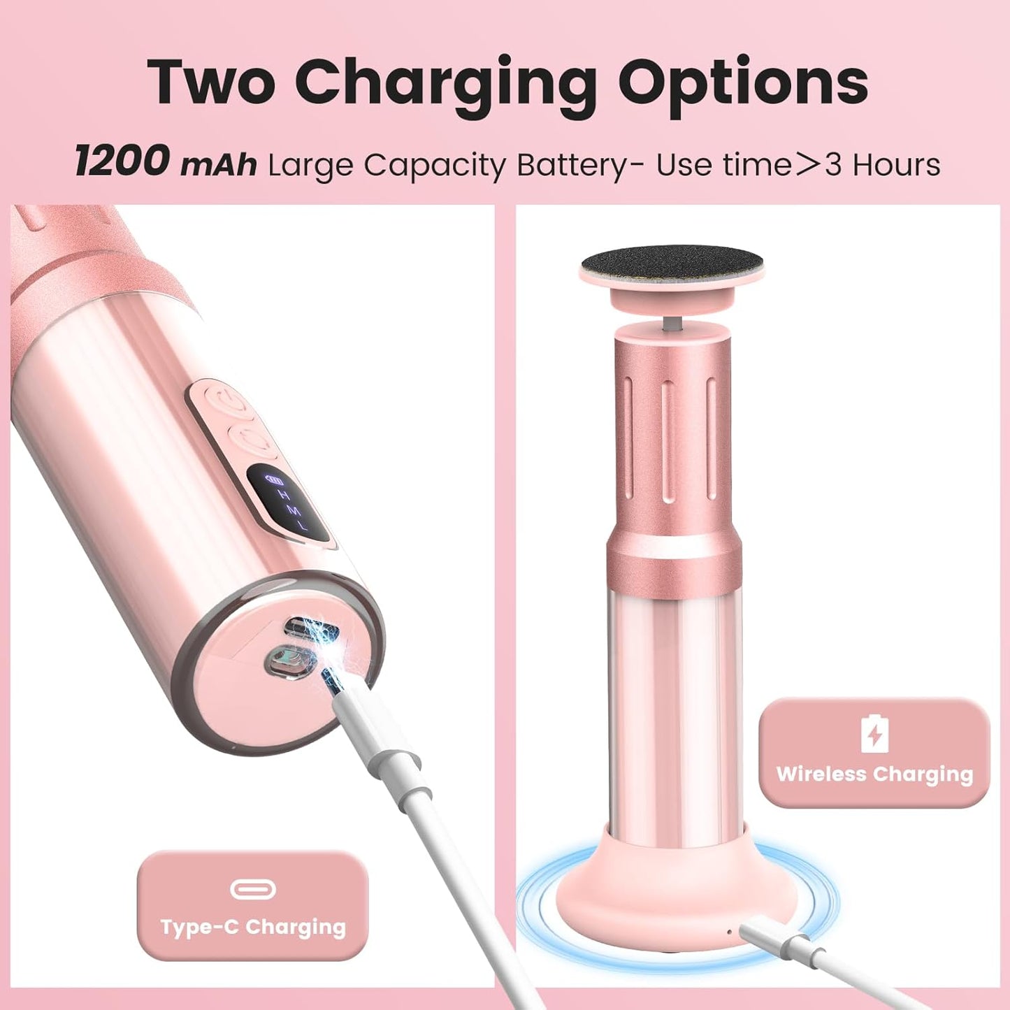 2 in 1 Electric Foot Callus Remover, 2000RPM Professional Electric Callus Remover for Feet with 6 Adjustable Settings, Rechargeable Foot File & Nail Drill with 40Pcs Sandpaper Discs (Pink)