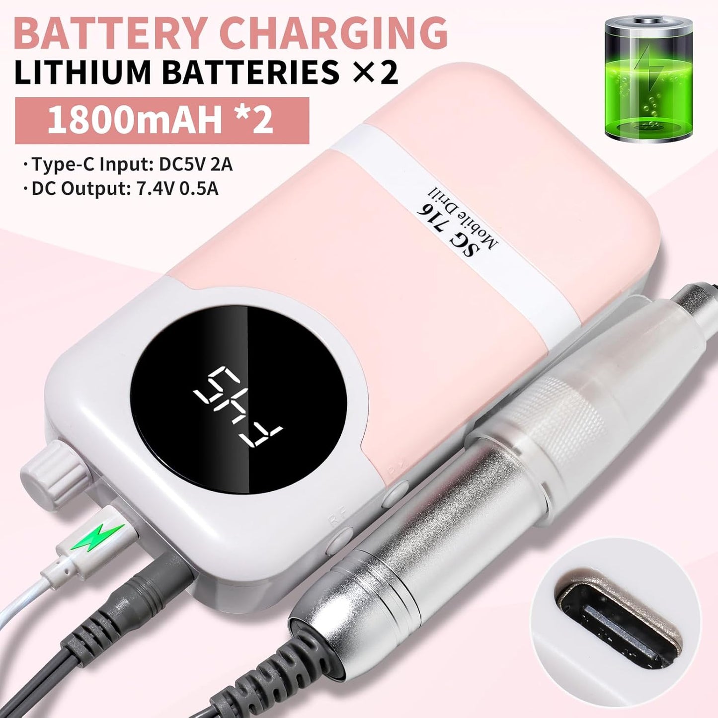 LIMEGIRL Professional Electric Nail Drill Kit 45000RPM Portable Cordless Toenail Cordless Toenail Machine with 14 Drill Bits and Base for Women (Pink)