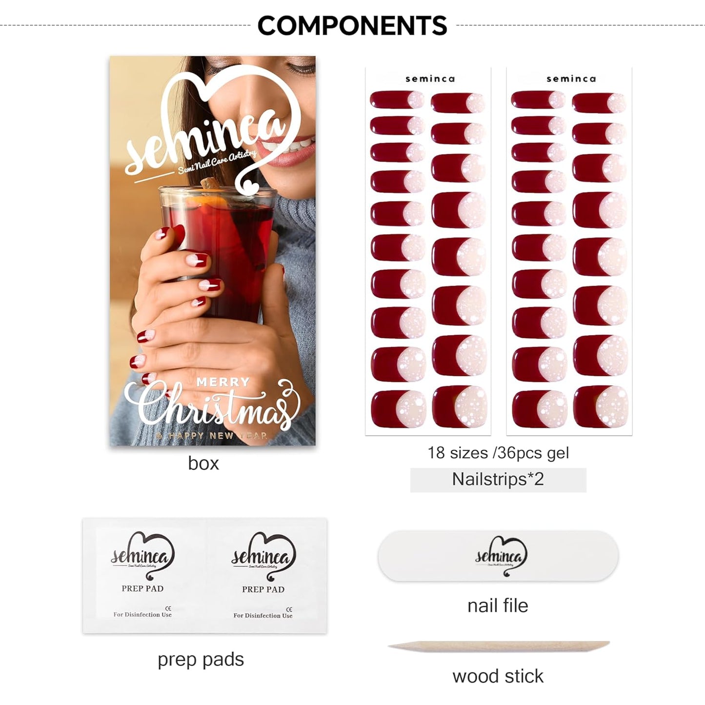 Semi Cured Gel Nail Strips-Christmas Nail Art Stickers Decals DIY New Year Xmas Holiday Nail Decor(Christmas Red French)