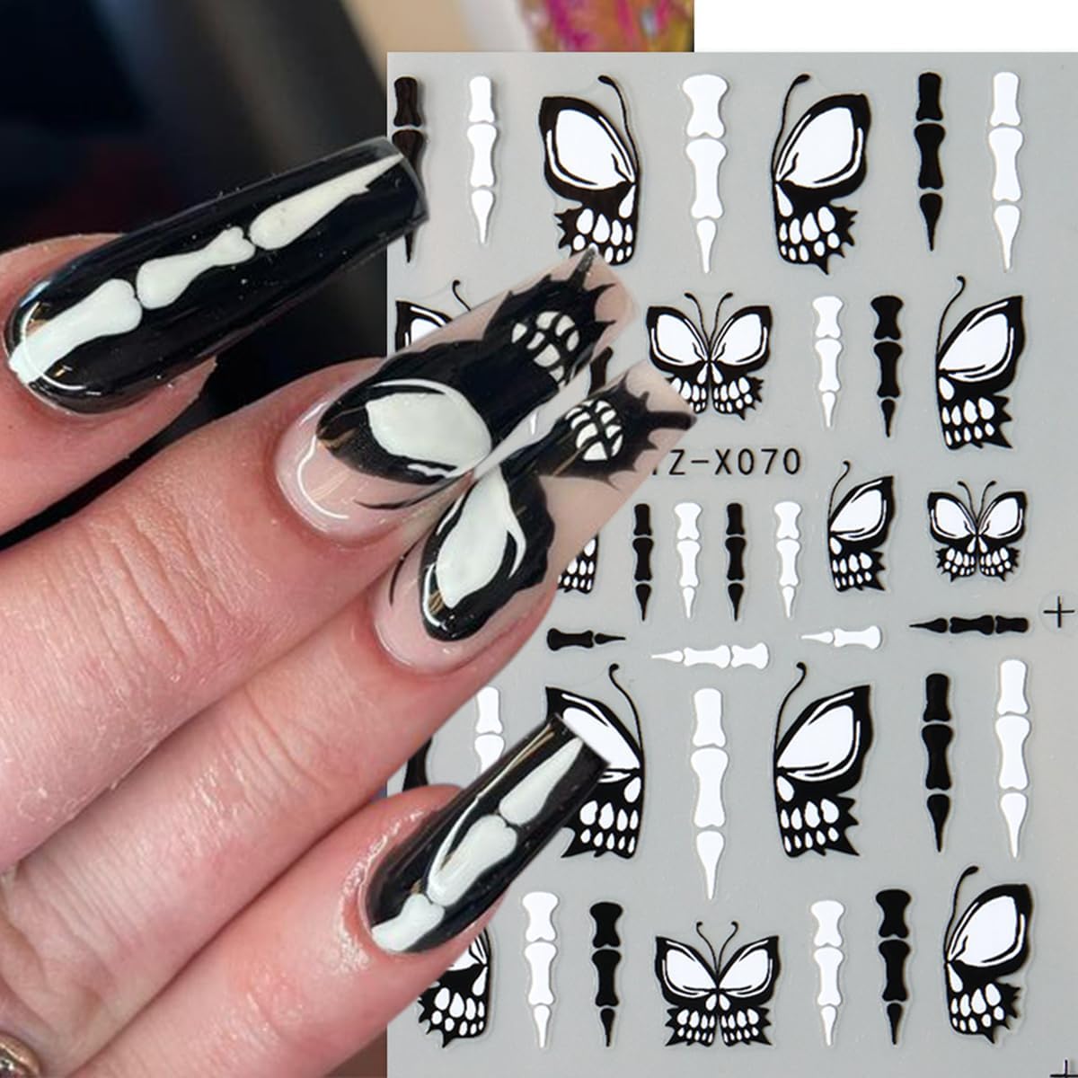 Halloween Nail Art Stickers 3D Self-Adhesive Halloween Nail Decals Nail Art Supplies 6PCS Black White Butterfly Wing Bone Ghost Face Glitter Spider Manicure Stickers for Women DIY Nail Decorations