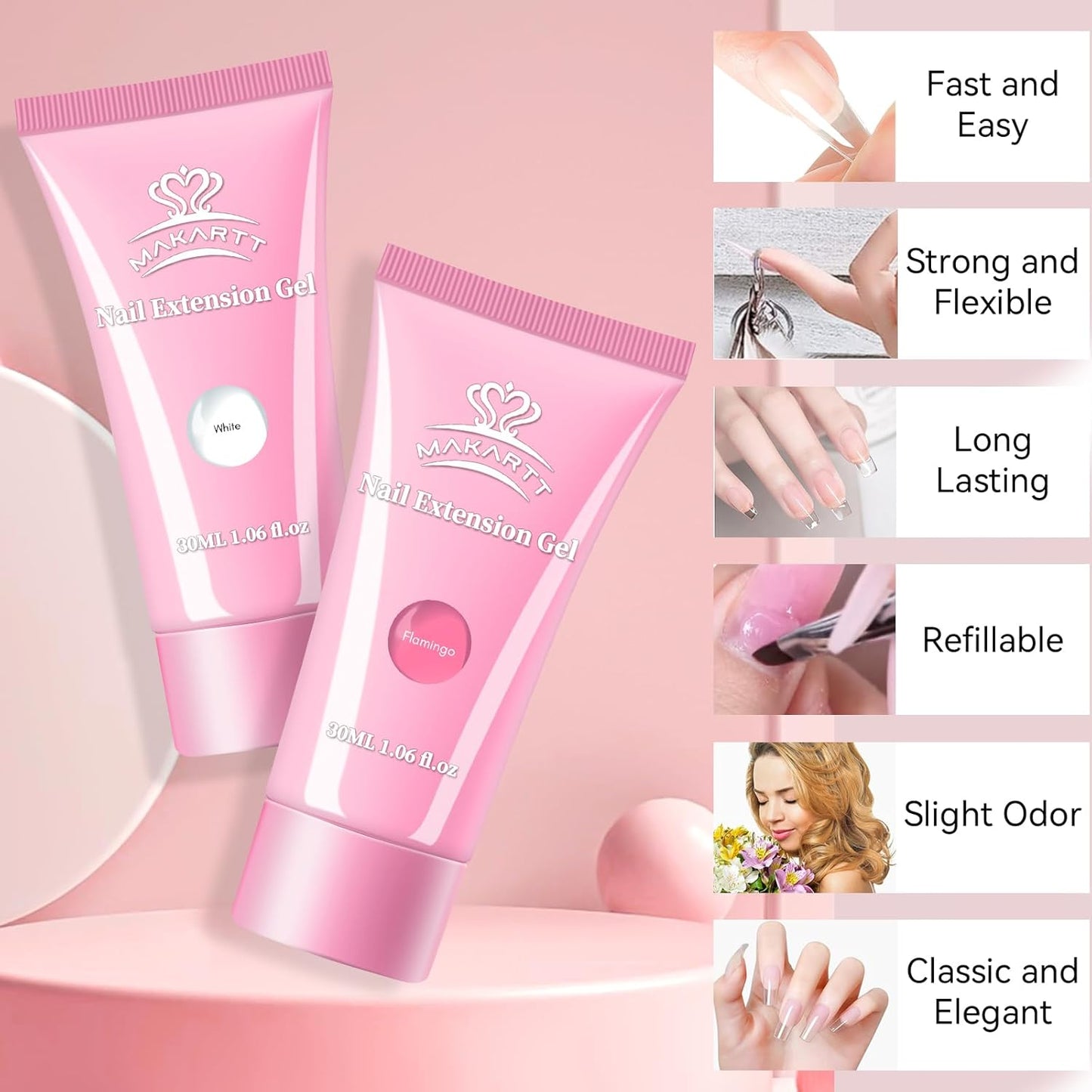 Makartt Poly Nail Gel Set: White & Hot Pink Color, Strong Builder for Extension Strengthener 3D Diy, Long-lasting for Nails French Manicures Home Salon-2PCs 30ML