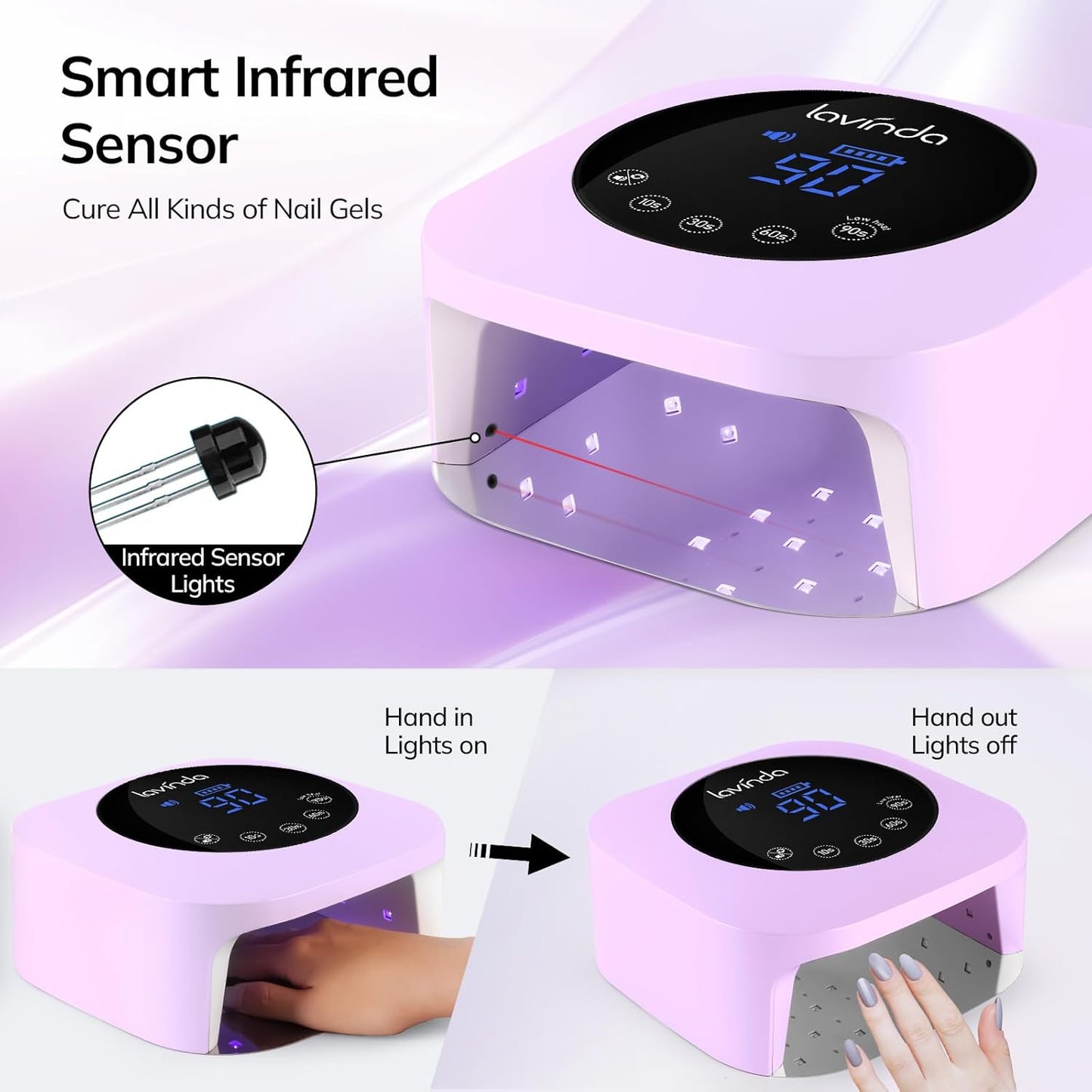 Lavinda LED Nail Lamp 54W Rechargeable Cordless UV Nail Light, Professional Gel Nail Lamp with Timer Display, Fast Drying UV Lamp for Gel Nails, Matte Macaron Purple Nail Dryer for Salon & Home