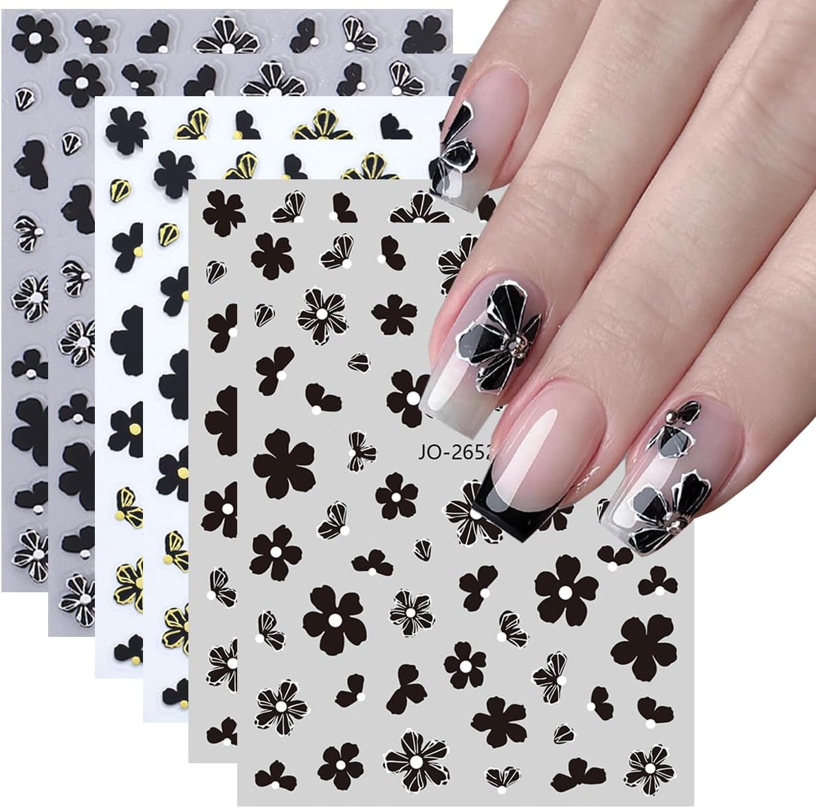 6Sheets Camellia Petals Nail Art Stickers 3D Metallic Flowers Nail Decals Engraved Flower Nail Sticker Black Gold Silver Designs Self-Adhesive Floral Nail Supplies for Women French Manicure Decoration