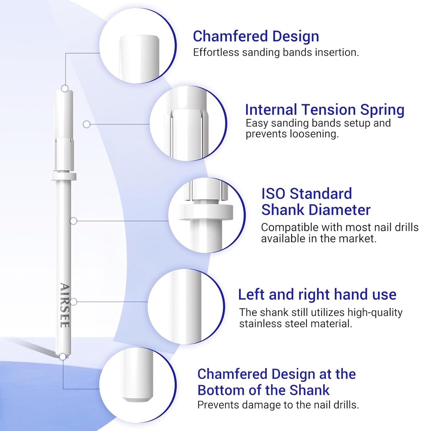 AIRSEE 3.1mm Small Nail Drill Mandrel Bits for Mini Efile Sanding Bands, Stainless Steel Professional Electric Head Clean Remove Cuticle Removing, Acrylic Manicure Sander Safety (White)