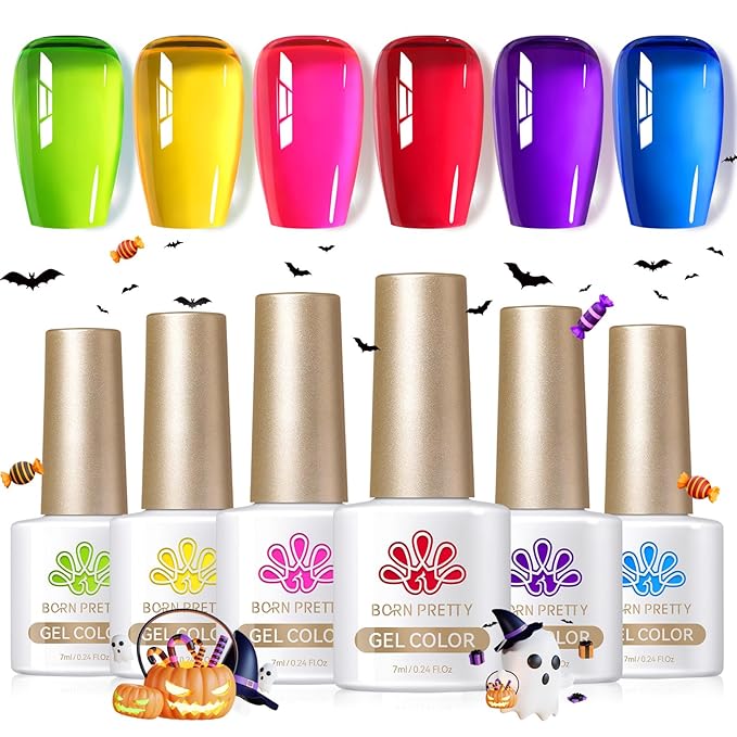 BORN PRETTY Jelly Gel Nail Polish Halloween Neon Gel Polish,Hot Pink Red Purple Blue Green Yellow 6Colors Translucent Effect,Soak Off U v LED Light Cure Nail Art Kit for Salon Manicure and DIY at Home