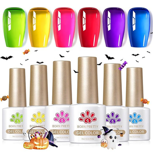BORN PRETTY Jelly Gel Nail Polish Halloween Neon Gel Polish,Hot Pink Red Purple Blue Green Yellow 6Colors Translucent Effect,Soak Off U v LED Light Cure Nail Art Kit for Salon Manicure and DIY at Home
