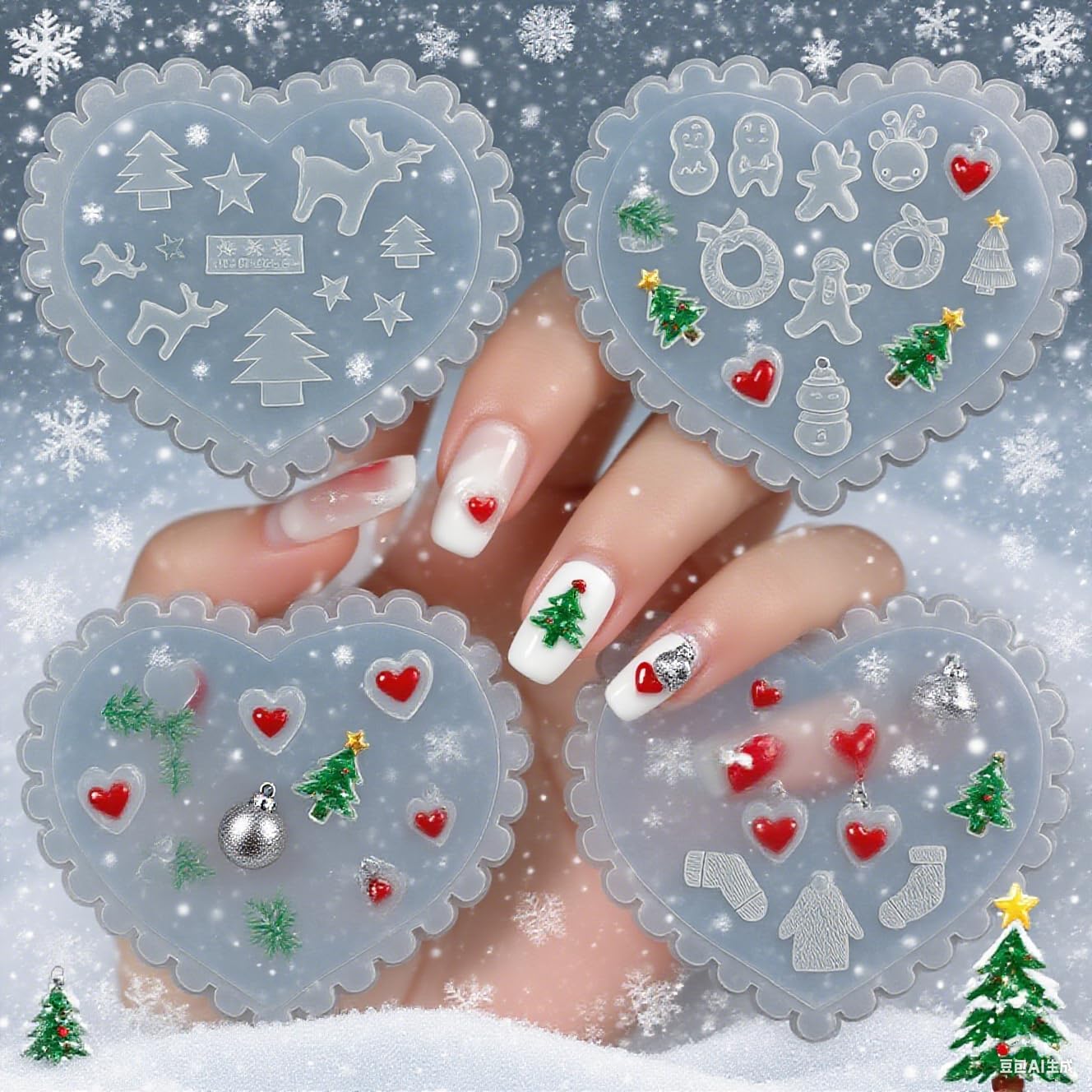 4 Pcs Christmas Silicone Nail Art Molds for Women Resin Nail Design