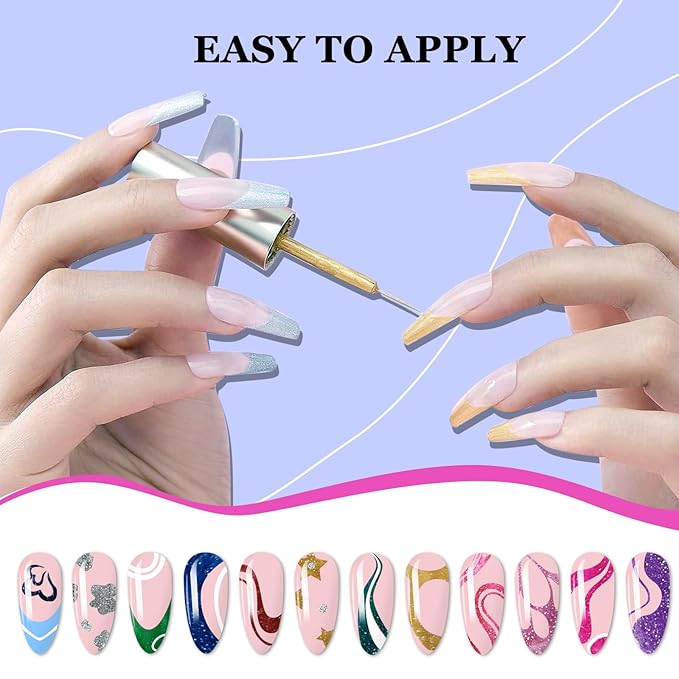 Reflective Glitter Nail Art Gel Liner Set, 12 Colors Shiny Pink Purple Yellow Green Glitter Gel Polish for Swirl French Tip Painting Designs Soak Off Built Thin Brush DIY Nail Starter Kit
