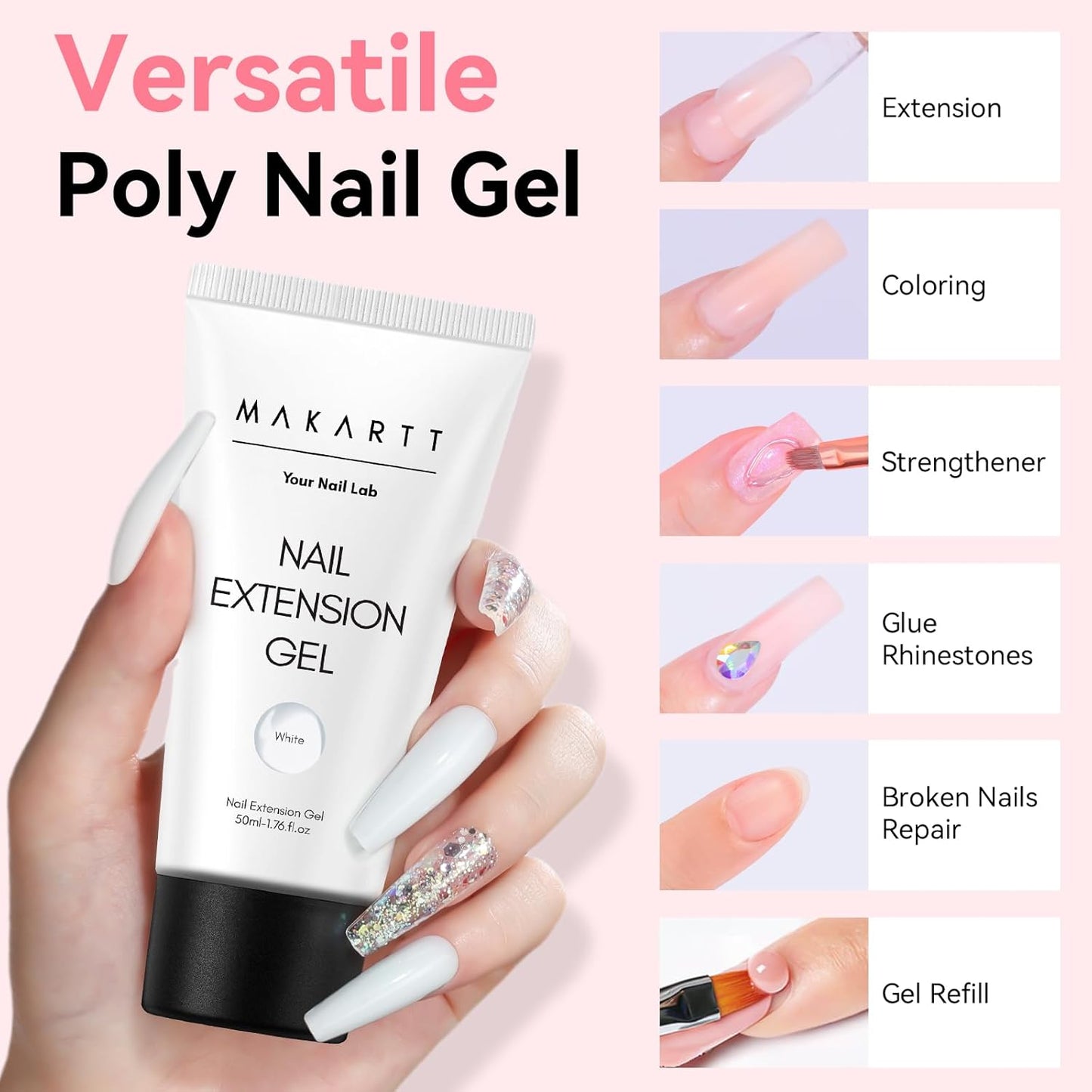 Makartt Poly Nail Gel,White,50ML,Nail Extension Builder for French Manicure, Hard Gels for Nails Strengthener-Long-Lasting and Easy to Use Supplies Salon Nail Art Design Easy DIY at Home