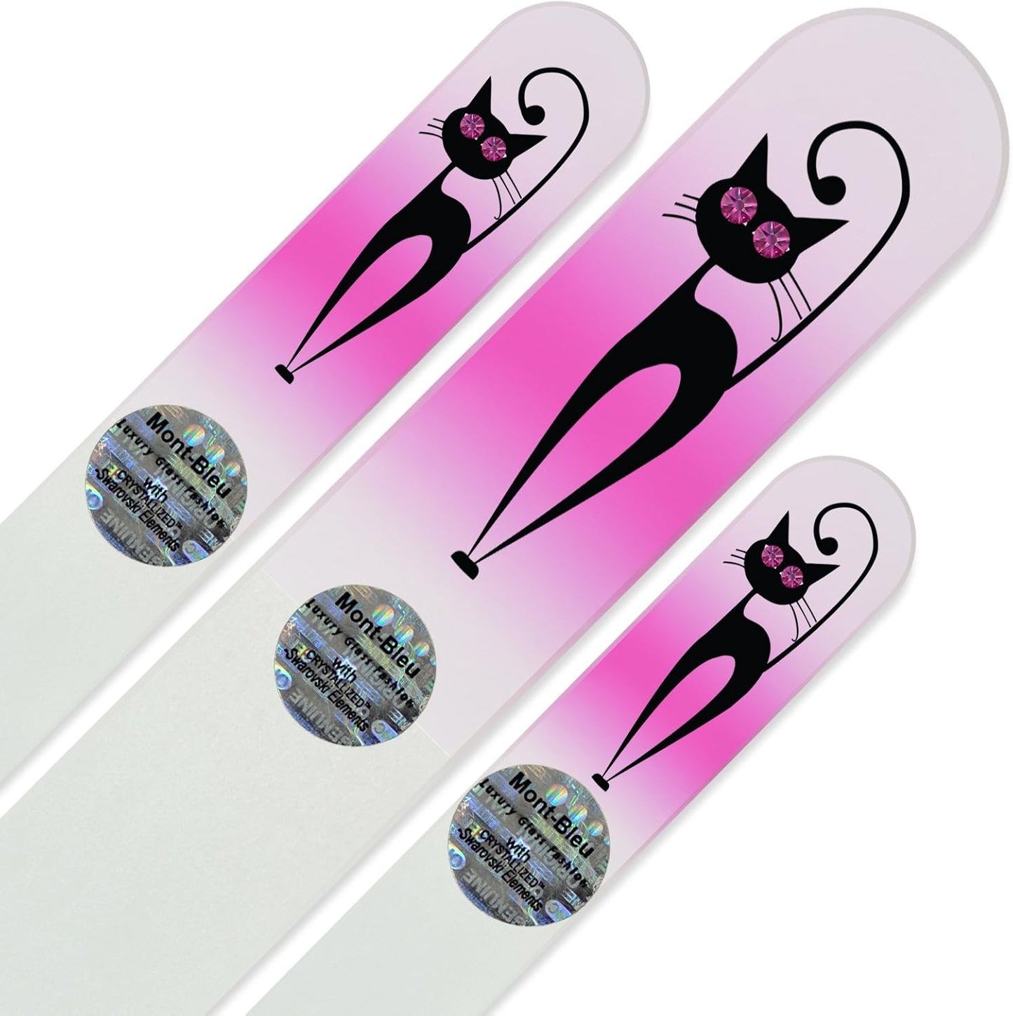 Mont Bleu Set of 3 Cats Crystal Nail Files Hand Decorated with Crystals from Swarovski® | Hand Made, Czech Tempered Glass, Lifetime Guaranty, Glass Nail Files for Natural Nails