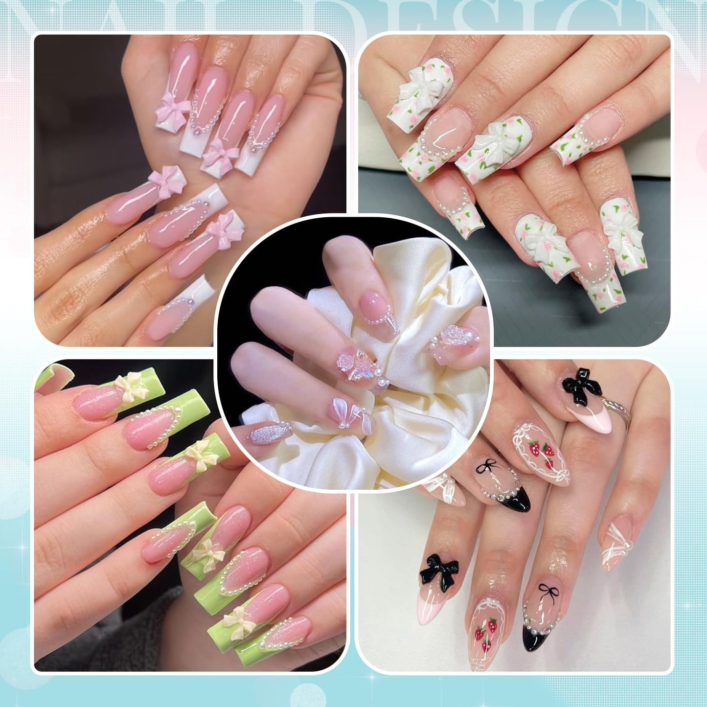 3D Nail Charms and Gems for Nails Design Set 1, Colorful Nail Bows Coquette Jewels + Cute Assorted Heart Star Rose Butterfly Junk Nail Charms + Nail Pearls for Nail Art Decor