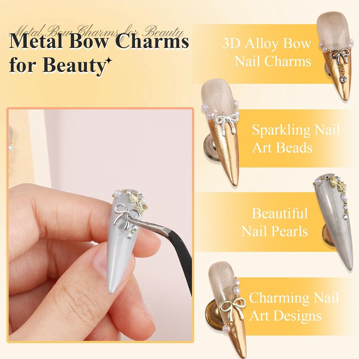3D Metal Bowknot & AB Pearl and Mini Beads Nail Art Kit - Gold/Silver Alloy Bowknot, 1-2mm Stainless Steel Caviar Beads, 3mm Half Pearls for Professional Salon & DIY Manicure Jewelry Designs (Set 5)