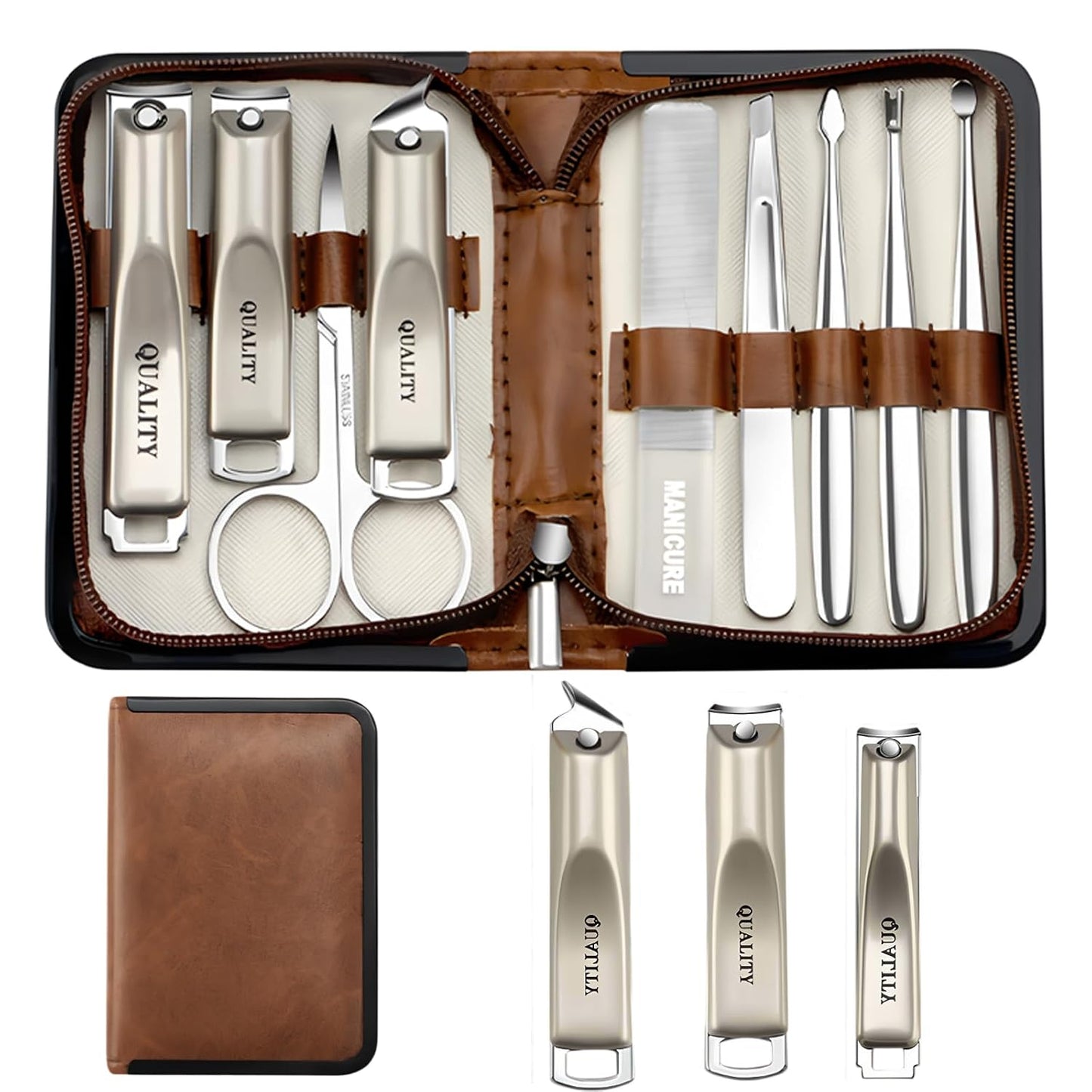 Manicure Set,Travel Mini Nail Clippers Kit, 9 Pieces Stainless Steel Professional Grooming Kits,Manicure Tools,Pedicure Tools for Men,Women,Teens,Father,Mom (Brown)