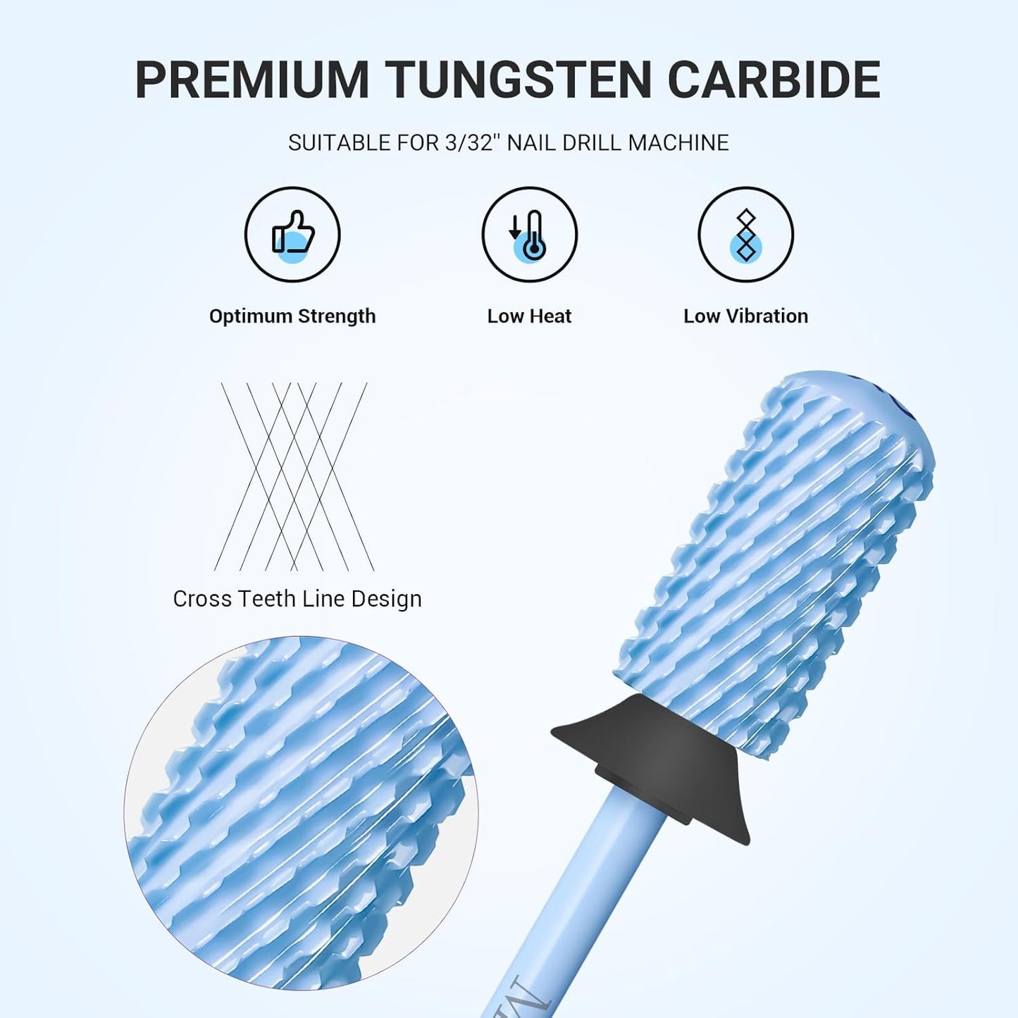 MelodySusie Safety Nail Drill Bits, 3/32'' Smooth Round Top Large Barrel Carbide Bits, Suitable for Manicure Pedicure Cuticle Gel Polishing, Beginners Bits, Light Blue, Series Bit-S, XC