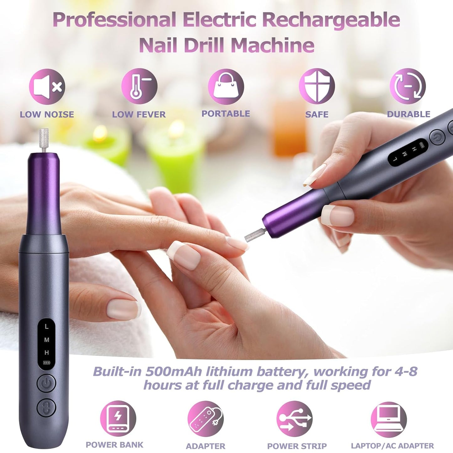 Electric Nail Files Cordless, Professional Nail Drill LCD Display With 12 Bits 30000RPM Rechargeable Manicure Pedicure EFile For Gel Nail Polish Acrylic Nails Thick Toenails Removal,Grey purple