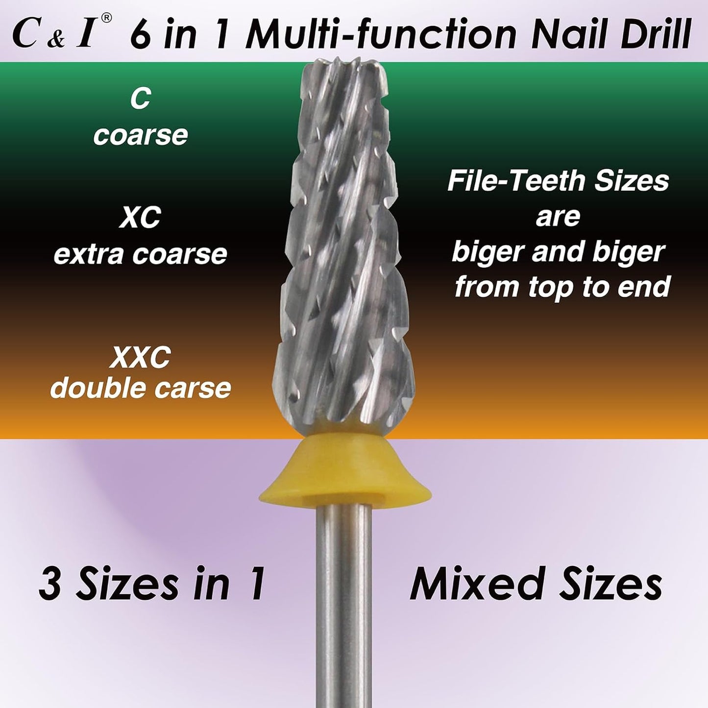 C & I Nail Drill Bit 6 in 1 Multi-function Rounded End E File, Tungsten Steel CNC Overall Cutting, Manicure Tool for Nail Tech Quick Remove Nail Gels, Acrylic Nails (Original, Double Coarse -XXC)