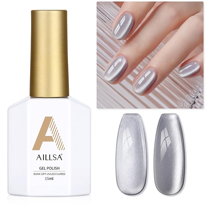 AILLSA Silver Cat Eye Gel Nail Polish Gray Glitter Crystal Polish with Magnet, Shimmer Clear Sparkle Nail Polish Reflective Translucent Jelly Color U V Gel Salon DIY at Home 0.5 OZ GF18