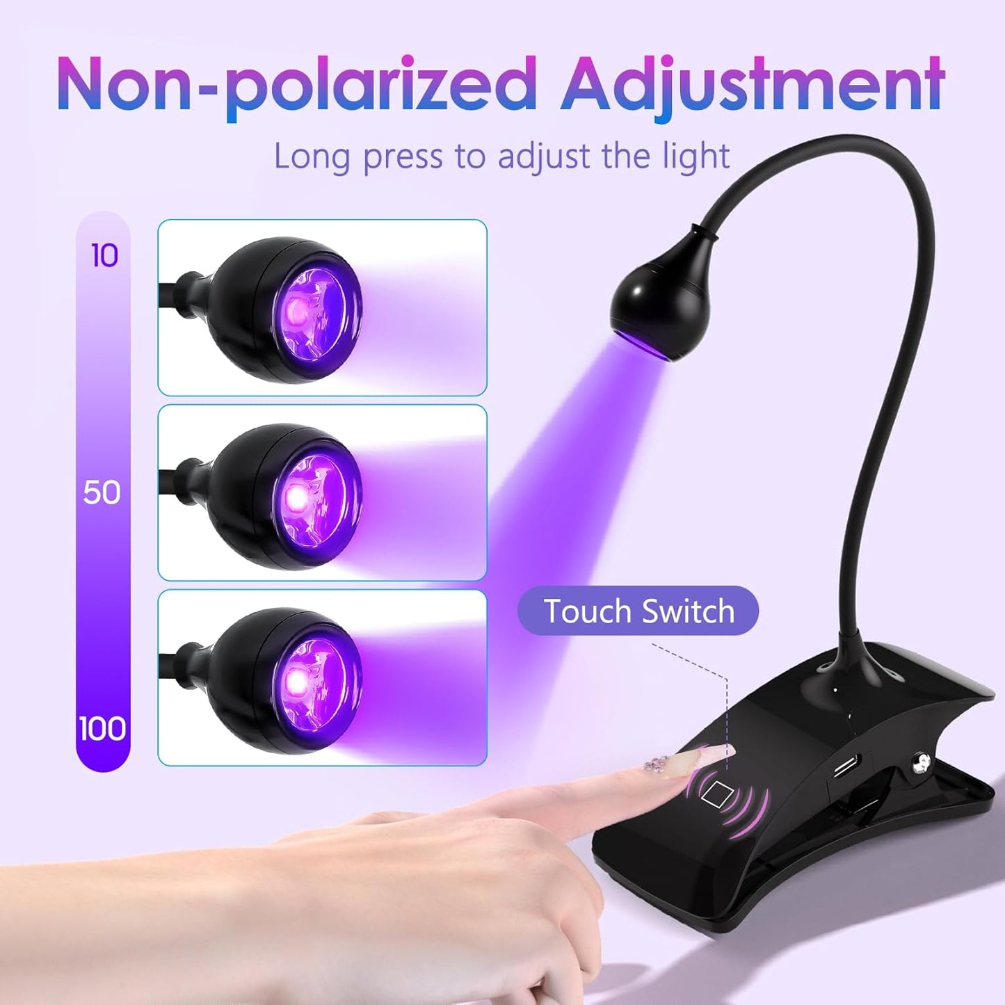 AORAEM UV Nail Lamp 3W Rechargeable Gooseneck UV Light for Gel Nails Touch Flash Cure Lamp Nail Dryer with Clamp, Portable LED Gel Light 3 Level Timing Home Professional DIY Manicure Salon, Black