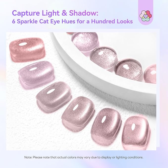 SAVILAND Color Artistry Cat Eye Nail Polish Kit: 6+1 Colors Quick-Dry Magnetic Sparkle Diamond Glitter Nude Pink Nail Polish Set with 3-in-1 Base Top Coat Cuticle Oil 12-Free Fingernail Polish Gift