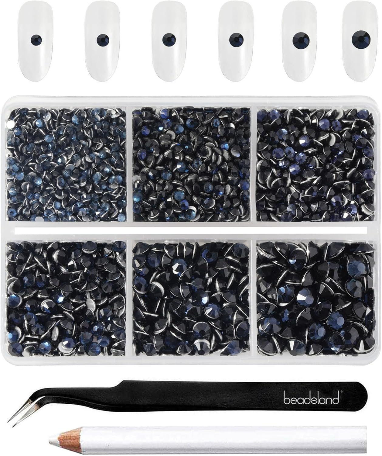 Beadsland 4300pcs Flatback Rhinestones, Dark Blue Rhinestone Nail Gems Round Crystal Rhinestones for Crafts,Mixed 6 Sizes with Picking Tweezers and Wax Pencil Kit, SS6-SS20, Montana