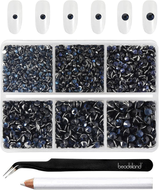 Beadsland 4300pcs Flatback Rhinestones, Dark Blue Rhinestone Nail Gems Round Crystal Rhinestones for Crafts,Mixed 6 Sizes with Picking Tweezers and Wax Pencil Kit, SS6-SS20, Montana