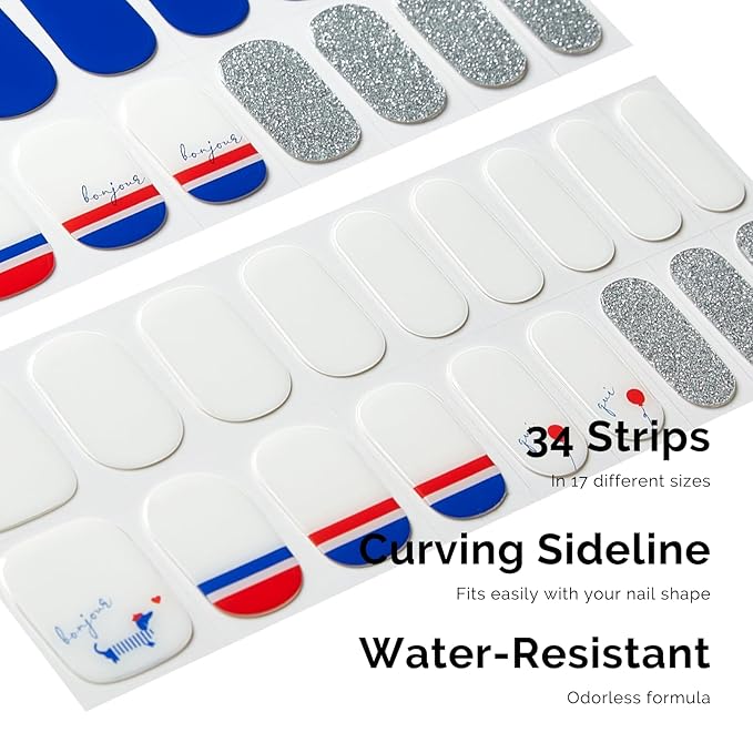 NAILOG Semi Cured Gel Nail Strips - 34 pcs | Buy 2 Get 1 UV Lamp | Long Lasting Nail Polish Sticker Wraps with Glossy Gel Finish, Bonjour
