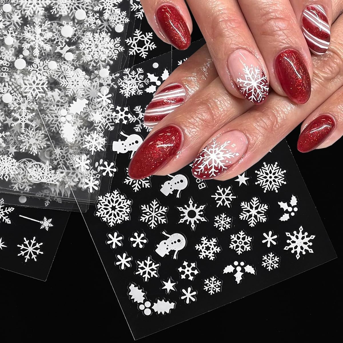 30Sheets Christmas Snowflakes Nail Art Stickers Decals for Kit with White Snowflake Glitter Design 3D Self Adhesive Nail Art Supplies Sticker Winter Xmas Nail Art Decoration Snow Manicure for New Year