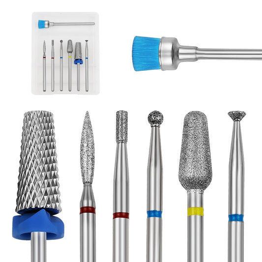 7PCS nail drill bits nail tech Sets Tungsten steel carbide Diamond for Acrylic Nails Poly Gel Cuticle Remove, 3/32'' Professional Nail Bits Set for E-Files for Manicure Pedicure, Home Salon