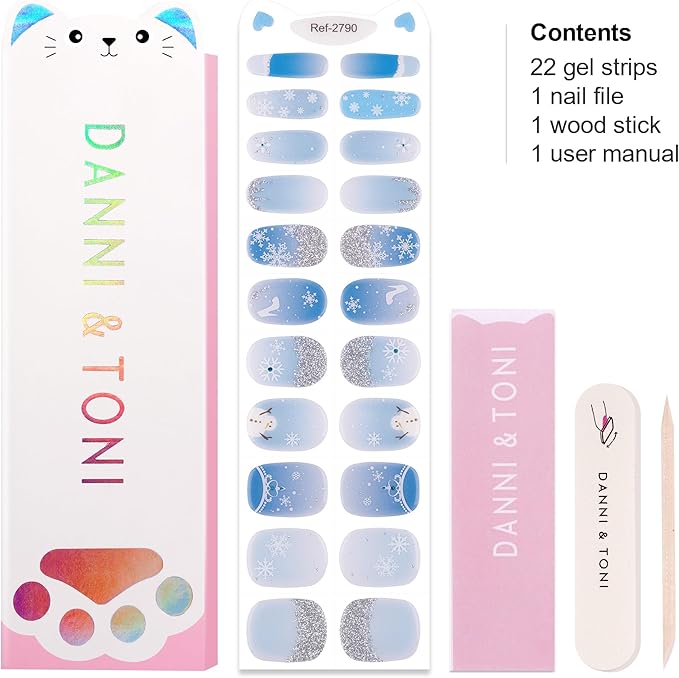 DANNI & TONI Kids Gel Nail Strips Snowman Snowflakes Blue Salon-Quality Peel & Stick Manicure for Children (Age 6+)– Safe, Long-Lasting, Easy to Apply |Ice Whisper